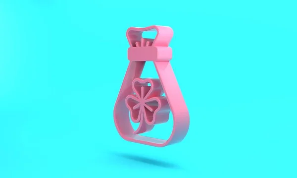 Pink Money bag with clover trefoil leaf icon isolated on turquoise blue background. Happy Saint Patricks day. National Irish holiday. Minimalism concept. 3D render illustration.