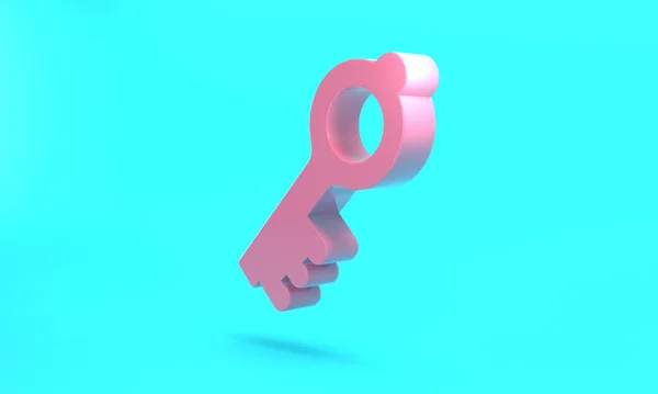 Pink Old magic key icon isolated on turquoise blue background. Minimalism concept. 3D render illustration.