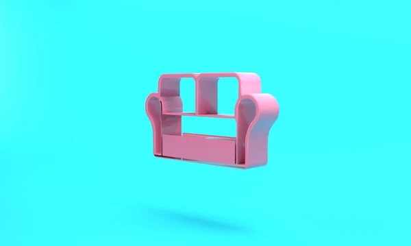 Pink Sofa icon isolated on turquoise blue background. Minimalism concept. 3D render illustration.