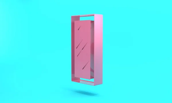 Pink Big full length mirror for bedroom, shops, backstage icon isolated on turquoise blue background. Minimalism concept. 3D render illustration.