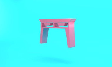 Pink Office desk icon isolated on turquoise blue background. Minimalism concept. 3D render illustration.