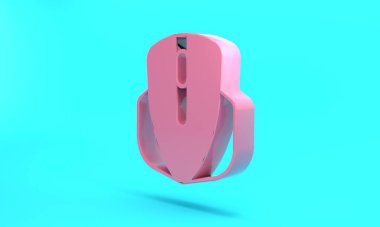 Pink Computer mouse gaming icon isolated on turquoise blue background. Optical with wheel symbol. Minimalism concept. 3D render illustration.