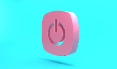 Pink Power button icon isolated on turquoise blue background. Start sign. Minimalism concept. 3D render illustration.