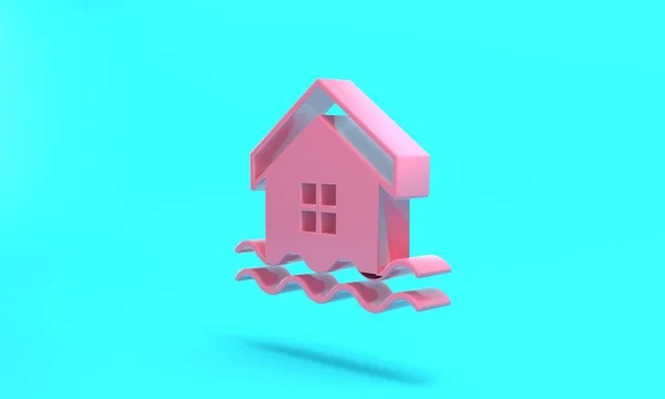 Pink House flood icon isolated on turquoise blue background. Home flooding under water. Insurance concept. Security, safety, protection, protect concept. Minimalism concept. 3D render illustration.
