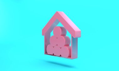 Pink Wooden logs icon isolated on turquoise blue background. Stack of firewood. Minimalism concept. 3D render illustration.