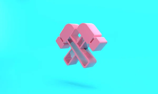 Pink Crossed hammer icon isolated on turquoise blue background. Tool for repair. Minimalism concept. 3D render illustration.