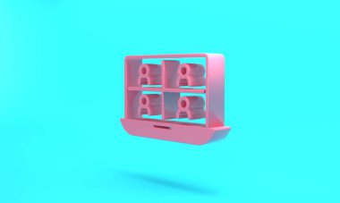 Pink Video chat conference icon isolated on turquoise blue background. Online meeting work form home. Remote project management. Minimalism concept. 3D render illustration.