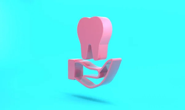 Pink Tooth icon isolated on turquoise blue background. Tooth symbol for dentistry clinic or dentist medical center and toothpaste package. Minimalism concept. 3D render illustration.