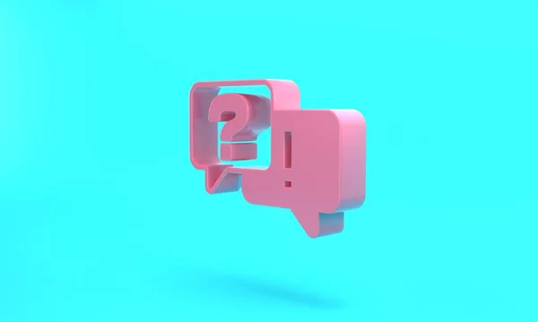 Pink Speech bubbles with Question and Answer icon isolated on turquoise blue background. Q and A symbol. FAQ sign. Chat speech bubble and chart. Minimalism concept. 3D render illustration.