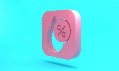 Pink Water drop percentage icon isolated on turquoise blue background. Humidity analysis. Minimalism concept. 3D render illustration.