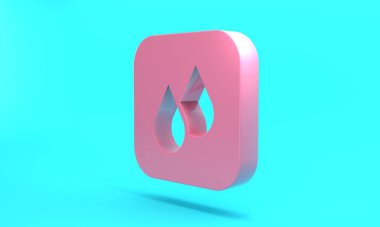 Pink Water drop icon isolated on turquoise blue background. Minimalism concept. 3D render illustration.