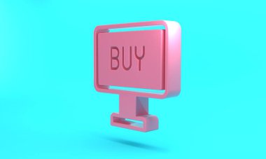 Pink Buy button icon isolated on turquoise blue background. Minimalism concept. 3D render illustration.