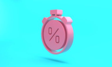 Pink Stopwatch with percent discount icon isolated on turquoise blue background. Time timer sign. Minimalism concept. 3D render illustration.