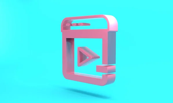 Pink Video advertising icon isolated on turquoise blue background. Concept of marketing and promotion process. Responsive ads. Social media advertising. Minimalism concept. 3D render illustration.