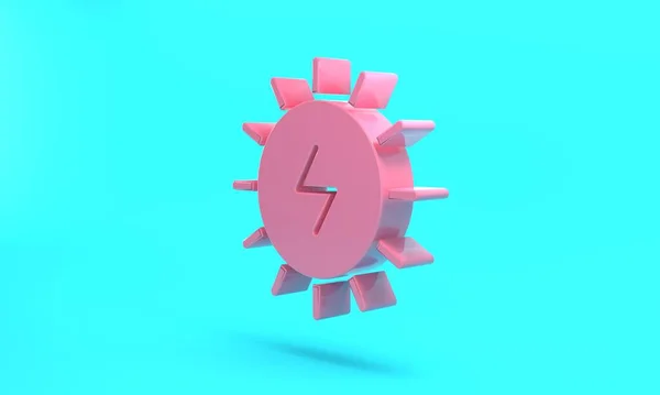 Pink Solar energy panel icon isolated on turquoise blue background. Sun with lightning symbol. Minimalism concept. 3D render illustration.