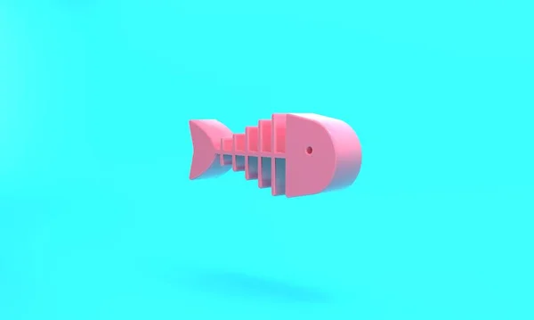 Pink Fish skeleton icon isolated on turquoise blue background. Fish bone sign. Minimalism concept. 3D render illustration.