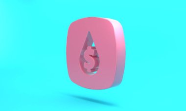 Pink Oil drop with dollar symbol icon isolated on turquoise blue background. Oil price. Oil and petroleum industry. Minimalism concept. 3D render illustration.