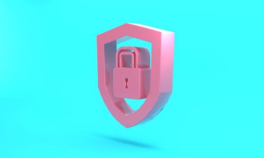 Pink Shield security with lock icon isolated on turquoise blue background. Protection, safety, password security. Firewall access privacy sign. Minimalism concept. 3D render illustration.