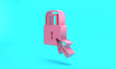Pink Lock icon isolated on turquoise blue background. Padlock sign. Security, safety, protection, privacy concept. Minimalism concept. 3D render illustration.