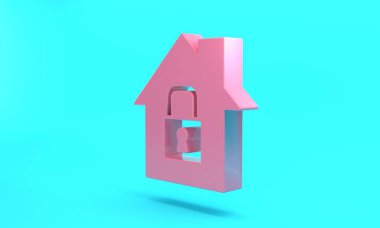 Pink House under protection icon isolated on turquoise blue background. Home and lock. Protection, safety, security, protect, defense concept. Minimalism concept. 3D render illustration.