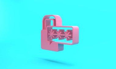Pink Cyber security icon isolated on turquoise blue background. Closed padlock on digital circuit board. Safety concept. Digital data protection. Minimalism concept. 3D render illustration.