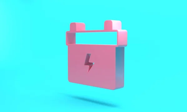 Pink Car battery icon isolated on turquoise blue background. Accumulator battery energy power and electricity accumulator battery. Minimalism concept. 3D render illustration.