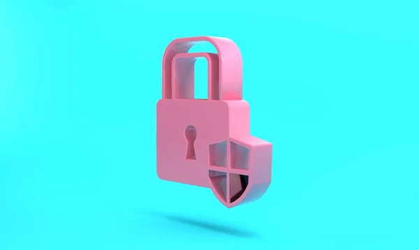 Pink Shield security with lock icon isolated on turquoise blue background. Protection, safety, password security. Firewall access privacy sign. Minimalism concept. 3D render illustration.
