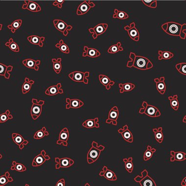 Line Rocket ship toy icon isolated seamless pattern on black background. Space travel. Vector.