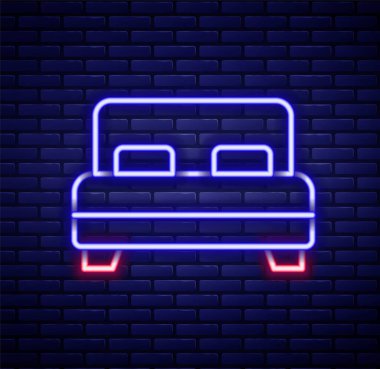 Parlak neon hattı. Duvarın arkasında iki ya da bir kişi için büyük yatak. Renkli taslak konsepti. Vektör.