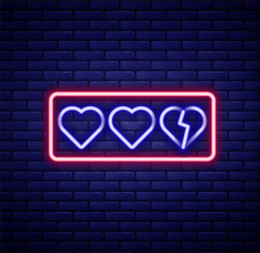 Glowing neon line Game life bar icon isolated on brick wall background. Health heart bar. Colorful outline concept. Vector.
