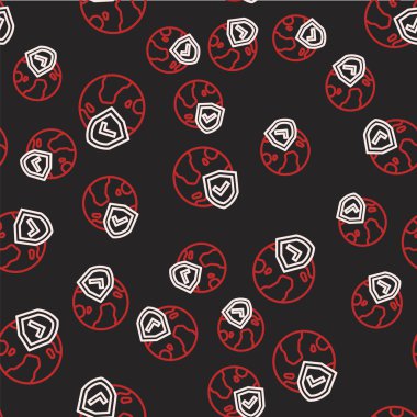 Dünya küresi simgesine sahip çizgi kalkanı siyah arka planda izole edilmiş. Sigorta konsepti. Güvenlik, güvenlik, koruma, gizlilik kavramı. Vektör.