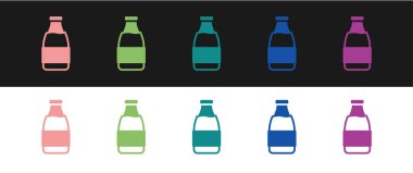 Siyah ve beyaz arka planda izole edilmiş süt ikonlu kapalı cam şişe. Vektör.