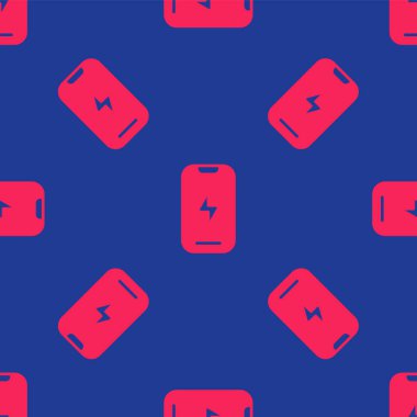 Kırmızı akıllı telefon, cep telefonu simgesi mavi arka planda izole edilmiş kusursuz desen. Vektör.