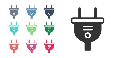 Beyaz arkaplanda siyah elektrik prizi simgesi izole edildi. Bağlantı kavramı ve elektriğin kesilmesi. Simgeleri renklendirin. Vektör.