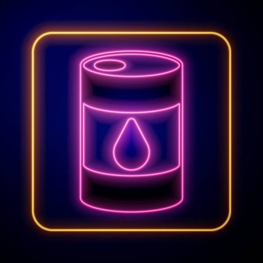 Parlayan neon varil yağ ikonu siyah arka planda izole edildi. Vektör.