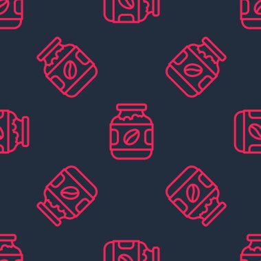 Red line Coffee jar bottle icon isolated seamless pattern on black background. Vector.