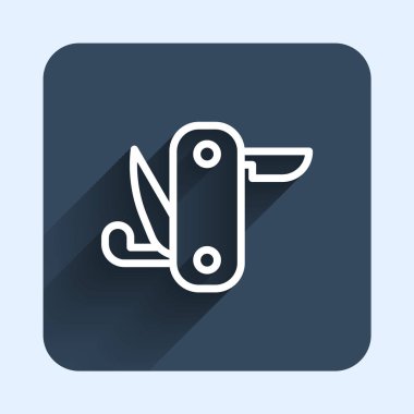 White line Swiss army knife icon isolated with long shadow background. Multi-tool, multipurpose penknife. Multifunctional tool. Blue square button. Vector.