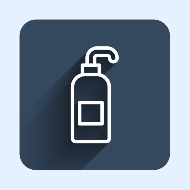 White line Bottle of liquid antibacterial soap with dispenser icon isolated with long shadow background. Antiseptic. Disinfection, hygiene, skin care. Blue square button. Vector.
