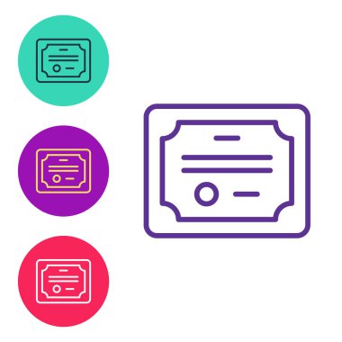 Sertifika şablon simgesini beyaz arkaplanda izole et. Başarı, ödül, diploma, burs, diploma kavramları. Simgeleri renklendirin. Vektör.