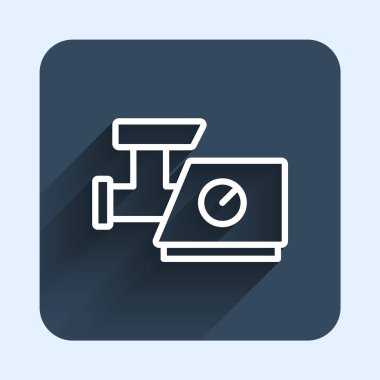 White line Kitchen meat grinder icon isolated with long shadow background. Blue square button. Vector.