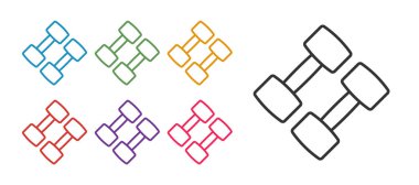 Dumbbell simgesini beyaz arkaplanda ayır. Kas kaldırma, fitness halteri, spor malzemeleri. Simgeleri renklendirin. Vektör.