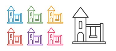 Çocuklar için yaz oyunları için beyaz arkaplanda izole edilmiş oyun alanı simgesinde çizgi Swing 'i ayarlayın. Açık hava eğlence ekipmanları. Simgeleri renklendirin. Vektör.