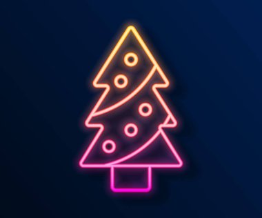 Siyah arka planda izole edilmiş dekorasyon simgesi olan parlak neon çizgili Noel ağacı. Mutlu Noeller ve mutlu yıllar. Vektör.