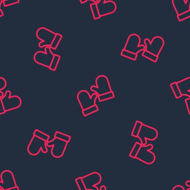 Red line Pair of knitted christmas mittens icon isolated seamless pattern on black background. Mitten icon. Merry Christmas and Happy New Year. Vector.