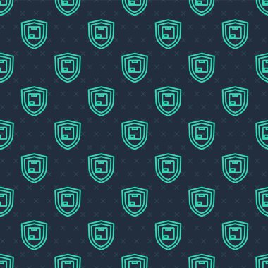 Yeşil Hat Teslimat Güvenliği, mavi arka planda izole edilmiş ikon, kusursuz desen. Teslimat sigortası. Kalkanın ötesinde sigorta kutuları var. Vektör.