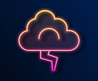 Parlayan neon hattı Storm simgesi siyah arkaplanda izole edildi. Bulut ve şimşek işareti. Fırtınanın hava durumu ikonu. Vektör.
