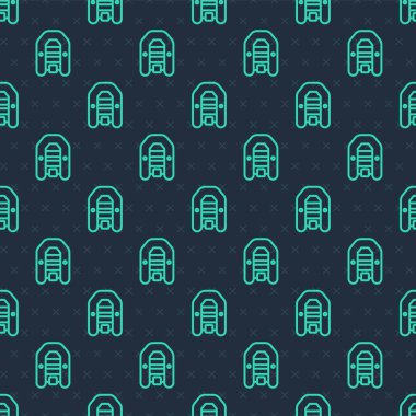 Yeşil çizgili şişme bot, dış motor simgesiyle mavi arka planda izole edilmiş, pürüzsüz bir şablon. Vektör.