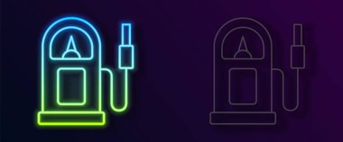 Parlayan neon hattı benzini ya da benzin istasyonu simgesi siyah arkaplanda izole edildi. Araba yakıtı sembolü. Benzin pompası. Vektör.