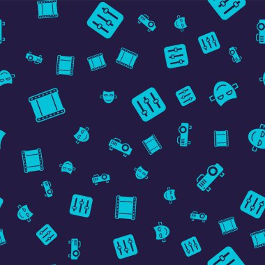Set Play video Comedy theatrical mask Sound mixer controller and Movie film media projector on seamless pattern. Vector.