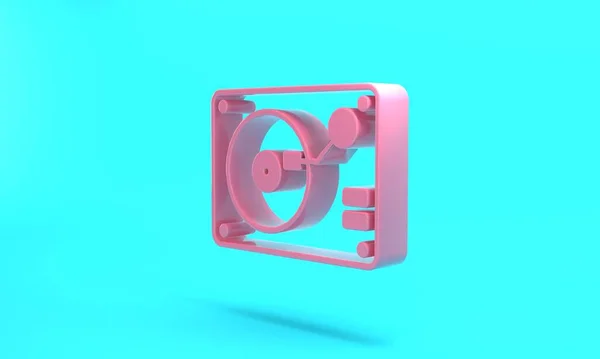 Pink Vinyl player with a vinyl disk icon isolated on turquoise blue background. Minimalism concept. 3D render illustration.
